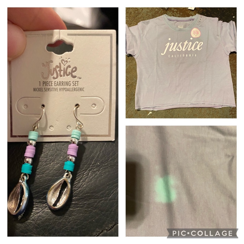 Justice NWT sz 7 color changing shirt and earrings